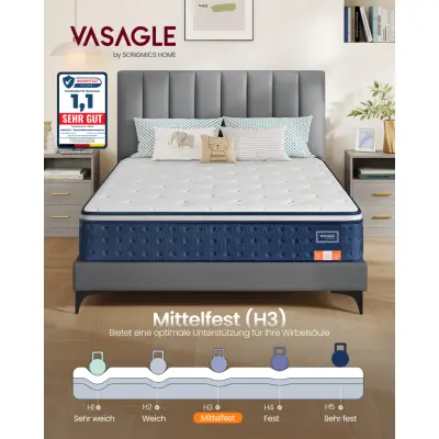 VASAGLE Madrass, 140 x 200 x 25 cm, pocketresårmadrass tillverkad av gelminnesskum, medelfasthet, H3, 7-zons stöd, rörelseisolering, andningsbartöverdrag, blå RMZ224QZ02