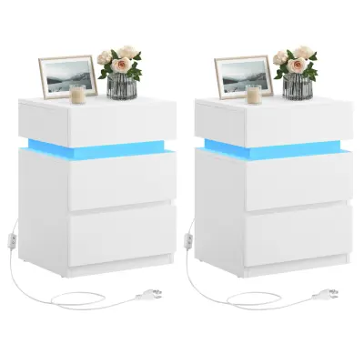 VASAGLE Nattduksbord med LED-belysning, set om 2, sidobord, justerbara färger, soffbord 3 lådor, nattduksbord, sovrum, modern, 35 x 40 x 55 cm, vit LET0830W01