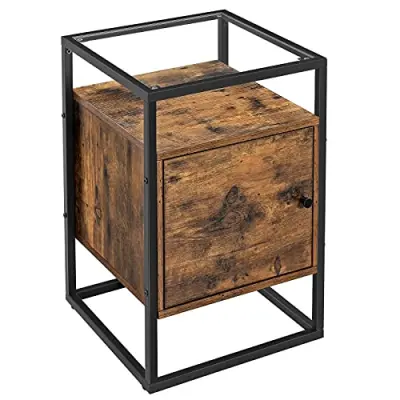 VASAGLE nattduksbord, nattduksskåp, sidobord i glas med skåp,ändbord, för sovrum, vardagsrum, hall, stabilt härdat glas, enkel montering, industriell design, rustik brun LNT05BX