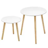 VASAGLE Nesting sidobord, runt sidobord, set om 2, skandinaviskt minimalistiskt soffbord med ben i massiv furu, vitt och naturligt LET07WN