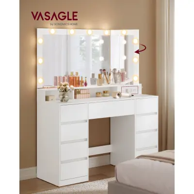 VASAGLE RDT146WB01 Stort sminkbord med spegel och uttag, justerbar LED-belysning, sminkbord med 9 lådor, modernt, vitt