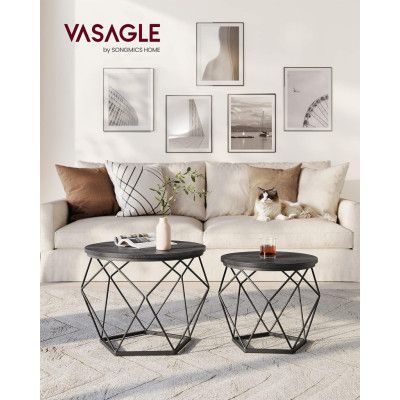 VASAGLE runda soffbord, uppsättning med 2 sidobord, modern stil, avtagbar bordsskiva, stålram, för vardagsrum, svart LET040B22