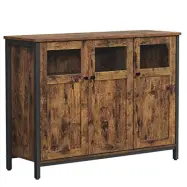 VASAGLE Sideboard, buffébord, förvaringsskåp med glasdörrar, matsal, vardagsrum, hall, kök, stålram, industriell stil, rustikt brunt och svart LSC099B01