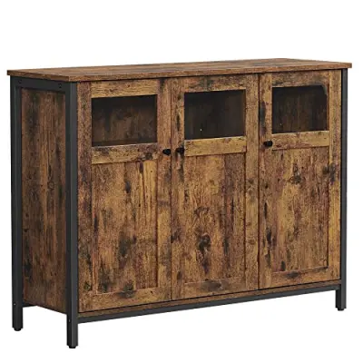VASAGLE Sideboard, buffébord, förvaringsskåp med glasdörrar, matsal, vardagsrum, hall, kök, stålram, industriell stil, rustikt brunt och svart LSC099B01