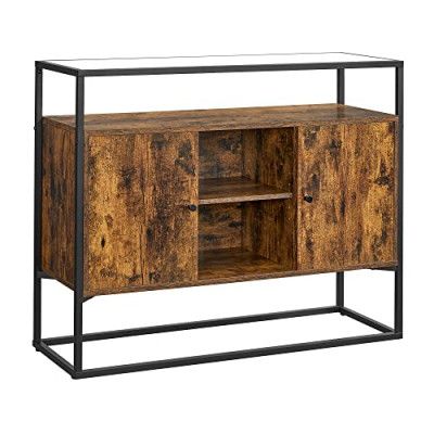 VASAGLE sideboard, sidoskåp, förvaringsskåp med glasyta ochöppna fack, vardagsrum, hall, stålram, härdat glas, industriellt, rustikt brunt och svart LSC014B01