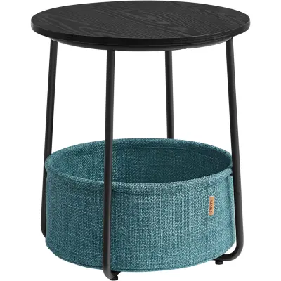 VASAGLE sidobord, runt gavelbord med tygkorg, rymligt, för vardagsrum sovrum, nattduksbord, modern stil, svart med träkorn och mörkt turkos LET223B56
