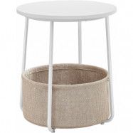 VASAGLE sidobord, runt sidobord med tygkorg, rymligt, för vardagsrum sovrum, nattduksbord, modern stil, vit och beige LET223W10