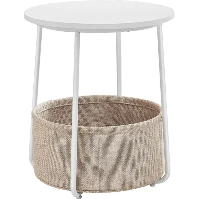 VASAGLE sidobord, runt sidobord med tygkorg, rymligt, för vardagsrum sovrum, nattduksbord, modern stil, vit och beige LET223W10