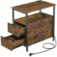 VASAGLE sidobord, sängbord med eluttag, 2 lådor, soffbord, sängbord för vardagsrum, sovrum, vintagebrun/klassisk svart, LET325B01