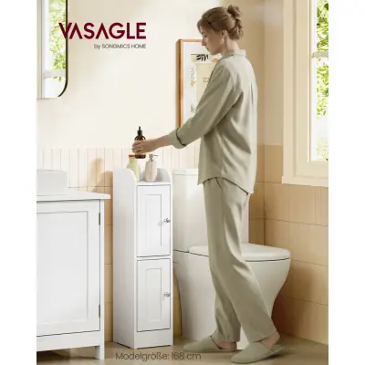 VASAGLE Siren Collection - Smalt badrumsskåp, fristående hörnskåp, toalettpappershållare, justerbara hyllplan, vändbara vänster/högerdörrar, Cloud White BBK312WB02