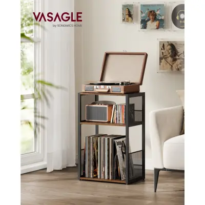 VASAGLE Skivspelaresställ, sidobord i 3 nivåer, förvaring av vinylskivor upp till 100 album, sidobord för vardagsrum, sovrum, rustikt brunt LET275K01
