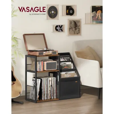 VASAGLE Skivspelaresställ, sidobord i 3 nivåer, förvaring av vinylskivor upp till 140 album, sidobord för vardagsrum, sovrum, rustikt brunt LET276K01