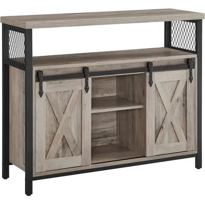 VASAGLE skänk, köksskåp, förvaringsskåp med 2 skjutdörrar, 33 x 100 x 80 cm, justerbara hyllor, lantlig stil, för vardagsrum, grå svart LSC092B02