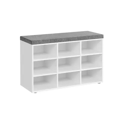 VASAGLE Skobänk med dyna, förvaringsbänk med stoppad sits, hallbänk med 9 fack, justerbara hyllor, för sovrum, 28 x 81 x 46 cm, vit och grå LHS009W14