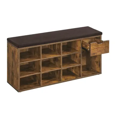 VASAGLE Skobänk Skohylla med låda ochöppna fack Bänk Klädd sits Hall Sovrum och Entré 30 x 104 x 48 cm Vintage Brun-Brun LHS024T01