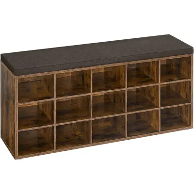 VASAGLE Skohylla, skobänk med sits, skoskåp med dyna, 15öppna förvaringsfack, 30 x 105 x 48 cm, för entré, sovrum, vardagsrum, hall, rustik brun och brun LHS15BX