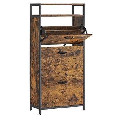 VASAGLE skoskåp, m. 3 klaffdörrar och 1 fack - brun spånskiva och svart stål