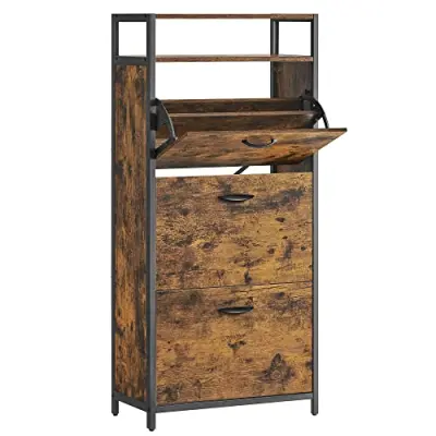 VASAGLE skoskåp, m. 3 klaffdörrar och 1 fack - brun spånskiva och svart stål