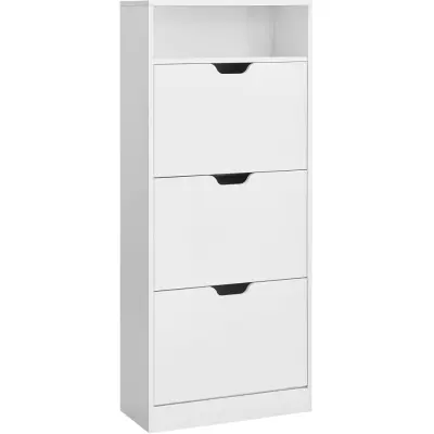VASAGLE Skoskåp med 3 gångjärnsförsedda dörrar, skohylla,öppet fack, justerbar rumsavdelare, 14 till 18 par, för liten entré, 24 x 60 x 139 cm, Cloud White LBC046W01