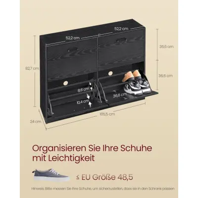 VASAGLE Skoskåp med 4 flikar, skoförvaring, justerbart för 16-28 par skor, hall, 24 x 105,5 x 82,7 cm, ebenholts, svart LBC035B01