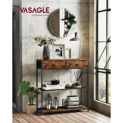 VASAGLE Smalt konsolbord med 2 tyglådor, soffbord med 3 våningar för hall, 24 x 76 x 80 cm, för hall, vardagsrum, rustikt brunt och bläcksvart LNT092K01
