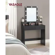 VASAGLE Sminkbord, LED-lampa med justerbar ljusstyrka, sminkbord med spegel, 2 lådor och 3 fack, modernt, svart RDT114T16