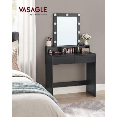 VASAGLE Sminkbord, LED-lampa med justerbar ljusstyrka, sminkbord med spegel, 2 lådor och 3 fack, modernt, svart RDT114T16