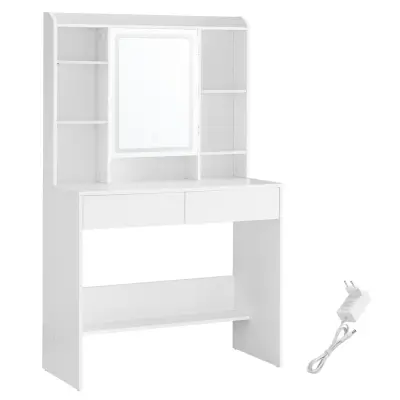 VASAGLE Sminkbord med LED-belysning, 3 färger med justerbar ljusstyrka, Sminkbord med sminkspegel, Sminkbord med justerbara hyllor, 2 lådor, Modern, Vit RDT123T14