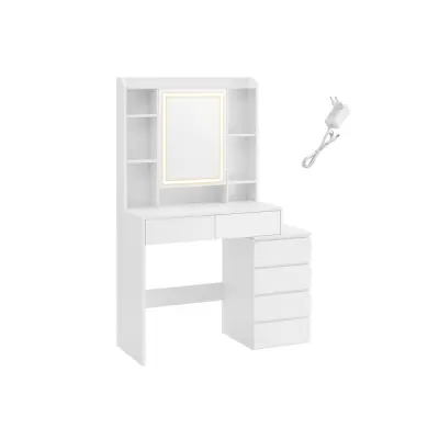 VASAGLE Sminkbord med LED-belysning och justerbar ljusstyrka Sminkbord med spegel Sminkbord med lådorÖppna fack Justerbara hyllor Modern molnvit RDT124W01