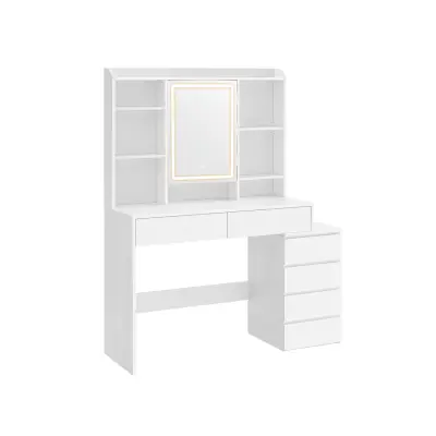 VASAGLE Sminkbord med LED-belysning och justerbar ljusstyrka Sminkbord med spegel Sminkbord med lådorÖppna fack Justerbara hyllor Modern molnvit RDT624W01