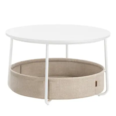 VASAGLE soffbord med förvaring, runt mittbord för vardagsrum med tygkorg, modern stil, metallram, mattvit och kamelbrun LCT244W10