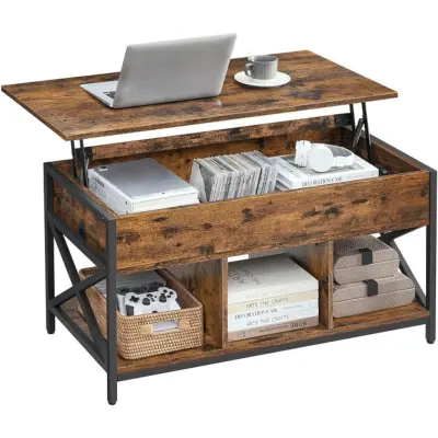 VASAGLE Soffbord med lyftbar topp, soffbord med förvaringshylla, dolda fack och lyftbar topp, för vardagsrum, kontor, 46 x 91 x (46-61 cm), rustikt brunt och svart ULCT202B01