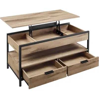 VASAGLE soffbord med uppfällbar skiva, vardagsrumsbord, förvaringslådor, dolda fack ochöppen hylla, kamelbrun och bläcksvart LCT209K02