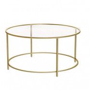 VASAGLE soffbord, runt - glas och guldfärgat stål