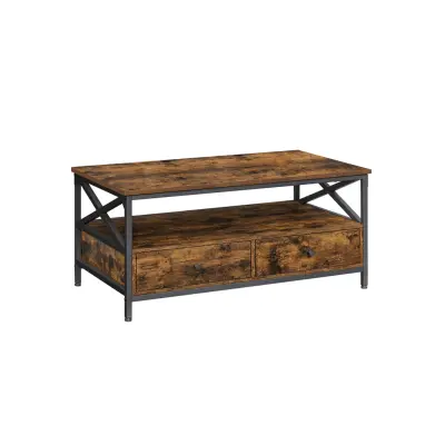 VASAGLE soffbord, vardagsrumsbord, med 2 lådor ochöppen förvaringshylla, X-formad stålram, 100 x 55 x 45 cm, industriell stil, rustik brun och svart LCT201B01