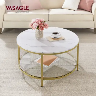 VASAGLE Soffbord, Vardagsrumsbord, Soffa Cocktailbord Runt Imiterad Marmor, Förvaringshylla i Härdat Glas, Lätt att Montera, Modern Stil, För Vardagsrum, Marmor Vit och Metalliskt Guld LCT071W59