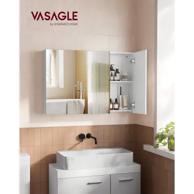 VASAGLE Spegelskåp Badrumsskåp Förvaringsskåp med 3 dörrar 15 x 90 x 60 cm med justerbara hyllor Modern vit BBK032W01