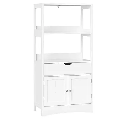 VASAGLE stor garderob med låda, 2öppna hyllor och dubbeldörrar, garderob för badrum, hall, kök och vardagsrum, vit BBC64WT