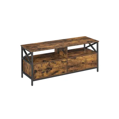 VASAGLE TV-skåp, TV-möbel för 55-tums TV, vardagsrum, med 2 lådor, 2 förvaringshyllor, 120 x 40 x 50 cm, stålram, industriell stil, rustik brun och svart LTV300B01