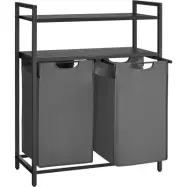VASAGLE Tvättkorg 2 fack, Tvättkorg med 2 hyllor, Tvättsortering, Utdragbar tvättpåse och avtagbar, Per påse 46 liter, för badrum, tvättstuga, Svartgrå BLH211G01