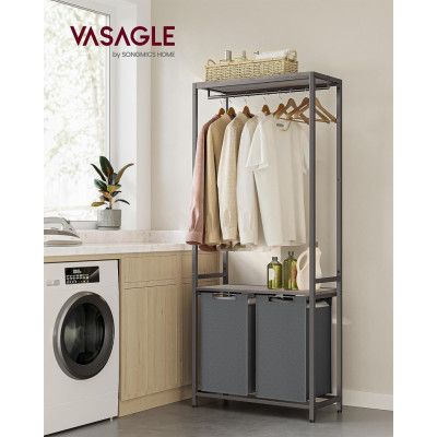 VASAGLE Tvättkorg i 2 sektioner med löstagbara och löstagbara foder, klädstång, 2 x 12,1 gallon, 28,7 x 13 x 69,7 tum, Heather Grey och Slate Grey BLH231G02