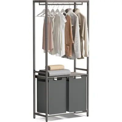 VASAGLE Tvättkorg i 2 sektioner med löstagbara och löstagbara foder, klädstång, 2 x 12,1 gallon, 28,7 x 13 x 69,7 tum, Heather Grey och Slate Grey BLH231G02
