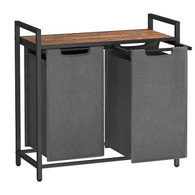 VASAGLE tvättkorg med 2 fack - brun MDF och grått tyg/stål