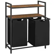 VASAGLE tvättkorg med 2 fack och 2 hyllor - brun MDF och svart tyg/stål