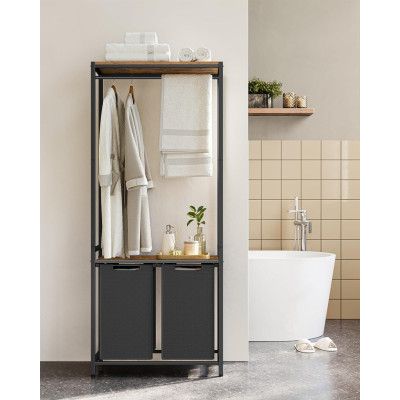 VASAGLE Tvättkorg med 2 sektioner, 2 hyllor, utdragbara och avtagbara foder, klädstång, 2 x 12,1 gallon, 28,7 x 13 x 69,7 tum, rustikbrun och svart BLH231B02