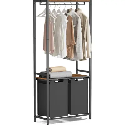 VASAGLE Tvättkorg med 2 sektioner, 2 hyllor, utdragbara och avtagbara foder, klädstång, 2 x 12,1 gallon, 28,7 x 13 x 69,7 tum, rustikbrun och svart BLH231B02