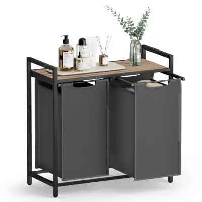 VASAGLE Tvättkorg, Tvättkorg med 2 fack, Utdragbara och avtagbara tvättpåsar, Tvättsortering, Hylla, Metallram, 2 x 46L, 73 x 33 x 72 cm, Kamelbrun och grå BLH201G50