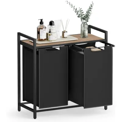 VASAGLE Tvättkorg, Tvättkorg med 2 fack, Utdragbara och avtagbara tvättpåsar, Tvättsortering, Hylla, Metallram, 2 x 46L, 73 x 33 x 72 cm, Kamelbrun och svart BLH201B50