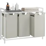 VASAGLE tvättkorg, tvättkorg med 3 fack, utdragbara och löstagbara tvättpåsar, tvättsortering, hylla, metallram, 3 x 38L, 92,5 x 33 x 72 cm, vit BLH301W01