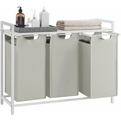 VASAGLE tvättkorg, tvättkorg med 3 fack, utdragbara och löstagbara tvättpåsar, tvättsortering, hylla, metallram, 3 x 38L, 92,5 x 33 x 72 cm, vit BLH301W01